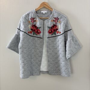 THML Quilted Embroidered Floral Open Jacket Gray Bell Sleeves Bohemian S…